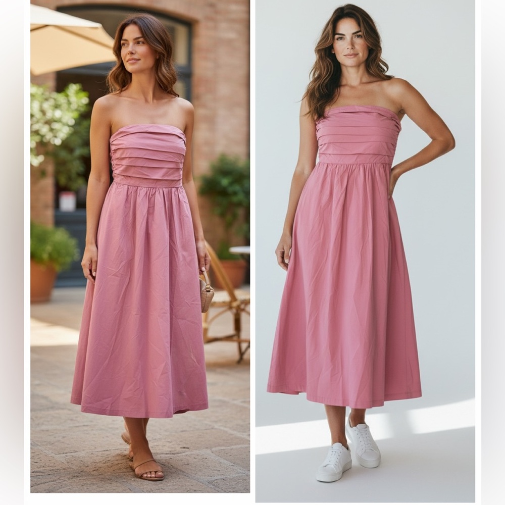 NEW Young Fabulous & Broke COTTON Strapless Flowy Midi Dress Dusty Pink Rose S